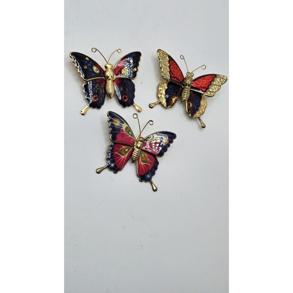 Vintage Lot Of 3 Butterflies Brooch Red/Blue/Green/Yellow Enamel Gold Tone